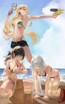 3girls absurdres all_fours aqua_bikini bare_shoulders bikini bikini_bottom_under_shorts bikini_under_clothes black_hair black_shorts blonde_hair blue_eyes blue_sky breasts bucket building_sand_sculpture cleavage commentary criss-cross_halter day dual_wielding female_rover_(wuthering_waves) flag gold_bikini grey_hair halterneck highleg highleg_bikini highres holding holding_flag holding_water_gun long_hair lynae_(wuthering_waves) medium_breasts momo_(2240807) mornye_(wuthering_waves) multi-strapped_bikini_bottom multiple_girls navel open_fly outdoors parted_lips purple_bikini red_eyes rover_(wuthering_waves) sand_castle sand_sculpture see-through_body shorts sky smile spread_legs stomach string_bikini swimsuit tacet_mark_(wuthering_waves) water_gun wuthering_waves yellow_eyes