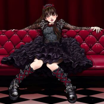 Rule 34 | 1girl, artist request, babymetal, black hair, blush, boots, dress, female focus, full body, knees, sitting, solo