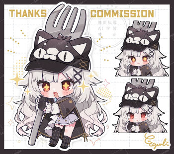 +_+ 1girl :3 :d :o animal_hat black_bow black_cape black_hat black_shoes black_socks black_thighhighs blunt_bangs blush_stickers bow cape cat_hat character_request chibi chibi_only closed_mouth commentary commission copyright_request dot_nose egissi fork full_body grey_skirt grid_background hair_ornament hat highres holding holding_fork long_hair looking_at_viewer multiple_views open_mouth outline oversized_object parted_bangs red_eyes sample_watermark shoes signature single_sock single_thighhigh skeb_commission skirt smile socks sparkle standing thighhighs very_long_hair watermark watermark_grid white_background white_hair white_outline x_hair_ornament
