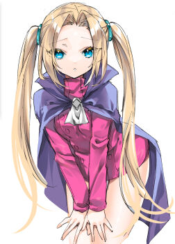 1girl akatsuki_blitzkampf ascot breasts cape en-eins_kanzen_sekai highres insignia ishitsuki_merokoa kati_(akatsuki_en-eins) looking_at_viewer medium_breasts ponytail shy side_ponytail