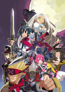 5girls 6+boys ahoge almaz_von_almadine_adamant asuka_cranekick aurum_(disgaea) black_hair black_hat blonde_hair candy champloo disgaea everyone food full_moon geoffrey_(disgaea) glasses gloves green_eyes grey_hair happy harada_takehito hat heterochromia horns jacket kyoko_needleworker long_hair makai_senki_disgaea_3 mao_(disgaea) master_big_star moon mr._champloo multiple_boys multiple_girls nippon_ichi official_art pantyhose pink_eyes pink_hair pointy_ears ponytail purple_eyes raspberyl red_eyes round_eyewear salvatore salvatore_(disgaea) sapphire_rhodonite school_uniform short_hair smile sword tail thighhighs tiara weapon white_hair