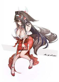 1girl absurdres bag breasts brown_hair cleavage collar commentary droopy_ears fluffy_hair frilled_collar frilled_sleeves frills full_body gradient_hair hair_ornament hair_spread_out headband high_heels highres large_breasts long_hair long_skirt mr_goblin multicolored_hair official_alternate_costume red_eyes shy sitting skirt strap very_long_hair white_background ye_shunguang ye_shunguang_(touch_of_dawnlight) zenless_zone_zero