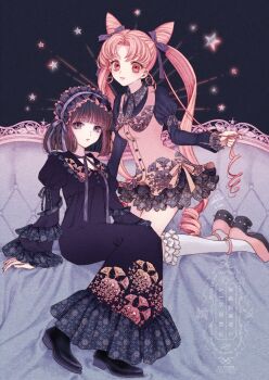 2girls alternate_costume bishoujo_senshi_sailor_moon black_boots black_dress black_hair black_shirt blunt_bangs boots chibi_usa collared_dress commentary_request cone_hair_bun couch double_bun dress drill_hair floral_print floral_print_dress frilled_dress frilled_sleeves frilled_socks frills hair_bun hair_ribbon hairband highres juliet_sleeves kneehighs kneeling lace lace-trimmed_dress lace-trimmed_shirt lace_trim lolita_hairband long_dress long_hair long_sleeves looking_at_viewer multiple_girls on_couch pink_dress pink_hair pink_shoes platform_heels print_dress puffy_sleeves purple_eyes purple_nails purple_ribbon ribbon sailor_collar shirt shoes short_dress short_hair sitting sleeveless sleeveless_dress smile socks spiked_shoes spikes star_(symbol) tomoe_hotaru twin_drills twintails undershirt white_socks wide_sleeves yuuinami