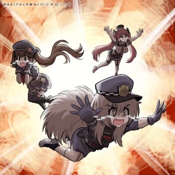 3girls @_@ artist_name black_eyes boots breasts brown_eyes brown_hair collaboration crossover crying crying_with_eyes_open dress explosion garter_straps gloves goddess_of_victory:_nikke hat highres large_breasts long_hair miranda_(nikke) multiple_girls open_mouth pazitalron pink_hair poli_(nikke) police police_uniform policewoman quiry_(nikke) resident_evil skirt streaming_tears tears thighhighs twintails very_long_hair white_hair