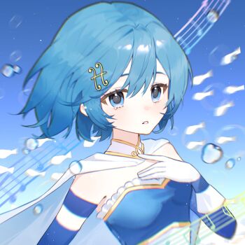 1girl air_bubble armlet bare_shoulders blue_background blue_eyes blue_hair blue_shirt blue_sleeves breasts bubble cape chinese_commentary collared_cape commentary_request detached_sleeves expressionless eyelashes fortissimo frilled_shirt frills gloves hair_between_eyes hair_ornament hairclip hand_on_own_chest jewelry light_blush light_particles long_sleeves magical_girl mahou_shoujo_madoka_magica mahou_shoujo_madoka_magica_(anime) miki_sayaka musical_note musical_note_hair_ornament musical_staff parted_lips riliing school_of_fish shirt short_hair small_breasts solo strapless strapless_shirt two-tone_shirt upper_body white_cape white_gloves white_shirt