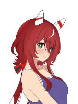 1girl animal_ears blue_one-piece_swimsuit blush breasts closed_mouth commentary_request ear_covers green_eyes highres horse_ears horse_girl long_hair looking_at_viewer one-piece_swimsuit red_hair school_swimsuit simple_background small_breasts smile solo swimsuit tracen_swimsuit umamusume upper_body wa_(wamizest7) white_background win_variation_(umamusume)