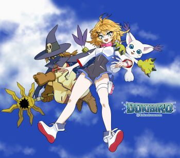 Rule 34 | 1girl, absurdres, ahoge, animal, aqua eyes, black romper, blonde hair, boots, brand name imitation, breasts, brown jumpsuit, cape, character name, cloud, cosplay, digimon, digimon (creature), digimon world -next 0rder-, dokibird, dokibird (bounty hunter), full body, gloves, hair ornament, hairclip, hat, highres, holding, holding staff, indie virtual youtuber, jumpsuit, kakudrawmon, long sleeves, medium hair, open mouth, pouch, romper, shiki (digimon world -next 0rder-), shiki (digimon world -next 0rder-) (cosplay), shoes, sky, small breasts, smile, staff, tailmon, thigh pouch, twitter username, two-tone romper, virtual youtuber, white romper, wizard hat, wizarmon