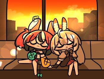 2girls ahoge animal_ears black_hair blue_eyes brown_cloak brown_corset brown_eyes brown_hair cloak corset feather_hair_ornament feathers hair_ornament hakos_baelz hakos_baelz_(1st_costume) hololive hololive_english long_hair mouse_ears mouse_girl mouse_tail multicolored_hair multiple_girls nanashi_mumei nanashi_mumei_(1st_costume) red_hair skirt sky sunset tail tensutensu twintails virtual_youtuber white_hair