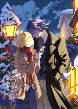 2boys aether_(genshin_impact) anz_valkyria black_coat blonde_hair blue_hair braid brown_coat closed_eyes coat flins_(genshin_impact) genshin_impact gradient_hair highres holding holding_phone jewelry lamppost long_hair looking_at_another multicolored_hair multiple_boys phone red_scarf scarf snow_on_tree sweater turtleneck turtleneck_sweater winter winter_clothes yellow_eyes