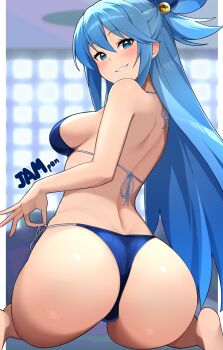 1girl aqua_(konosuba) artist_name ass ass_focus back bare_legs bikini blue_bikini blue_eyes blue_hair breasts collarbone commentary_request hair_rings halterneck highres indoors jampen kono_subarashii_sekai_ni_shukufuku_wo! long_hair looking_at_viewer looking_back medium_breasts navel side-tie_bikini_bottom sideboob single_hair_ring sitting smile solo string_bikini swimsuit thighs very_long_hair wariza