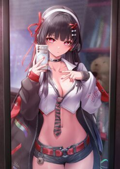 1girl belt_charm black_choker black_hair black_jacket black_necktie black_shorts breasts cellphone charm_(object) chisa_(wuthering_waves) choker cleavage closed_mouth collarbone commentary crop_top english_commentary fingernails hair_ornament hair_ribbon headphones highres holding holding_phone jacket long_hair looking_at_viewer loose_necktie medium_breasts mole mole_under_eye nail_polish namipon_(wuthering_waves) navel necktie off_shoulder official_alternate_costume phone red_eyes red_nails red_ribbon ribbon royboy shirt short_shorts shorts smartphone solo stomach v white_shirt wuthering_waves