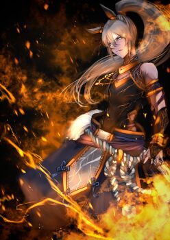 1girl absurdres animal_ears baggy_pants bare_shoulders black_shirt blue_eyes blue_pants breasts chanchanko_(clothes) closed_mouth commentary_request ear_covers fire grey_hair grey_tail hasewo highres horse_ears horse_girl horse_tail long_hair official_alternate_costume pants ponytail rope shimenawa shirt sleeveless sleeveless_shirt solo tail tamamo_cross_(fierce_thunder_god)_(umamusume) tamamo_cross_(umamusume) umamusume very_long_hair