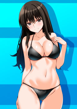 1girl bikini black_bikini black_eyes black_hair blue_background breasts cleavage commentary_request commission cowboy_shot death_note engo_(aquawatery) gluteal_fold highres large_breasts long_hair looking_at_viewer lowleg lowleg_bikini misora_naomi navel pixiv_commission smile solo standing swimsuit thigh_gap