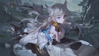 Rule 34 | 1girl, absurdres, arknights, arknights: endfield, black pantyhose, blue eyes, closed mouth, commentary request, dress, grey hair, highres, jacket, long hair, looking at viewer, motor vehicle, motorcycle, open clothes, open jacket, pantyhose, perlica (arknights), rain, sentter, solo, water drop, white dress, white jacket, wings