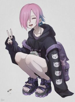 1girl absurdres animal_print backpack bag black_hoodie blue_hair cat_print cigarette_butt closed_eyes clothes_writing collarbone colored_tips commentary_request drawstring ear_piercing earrings eyelashes fingernails full_body grey_background hair_over_one_eye highres hood hood_down hoodie jewelry long_sleeves multicolored_hair nail_polish necklace open_mouth original piercing pink_hair pink_nails purple_background purple_sandals purple_shirt sandals shirt short_hair simple_background single_sleeve_past_fingers smile solo squatting tabao teeth toenail_polish toenails toes v