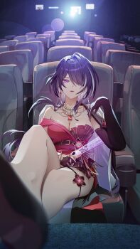 Rule 34 | 1girl, absurdres, acheron (honkai: star rail), acheron (star rail live 2025) (honkai: star rail), asymmetrical gloves, black gloves, black jacket, black shoes, breasts, cleavage, collarbone, commentary, dress, earrings, elbow gloves, eyes visible through hair, gloves, hair over one eye, highres, holding, honkai: star rail, honkai (series), indoors, jacket, jacket on shoulders, jelmul, jewelry, large breasts, long hair, looking at viewer, movie theater, multicolored hair, necklace, official alternate costume, parted lips, purple eyes, purple hair, red dress, shoes, single bare shoulder, single elbow glove, sitting, solo, streaked hair, uneven gloves, very long hair
