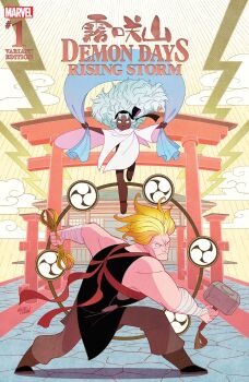 1boy 1girl absurdres alternate_universe asymmetrical_dual_wielding black_bow black_hairband blonde_hair bow bow_hairband brother_and_sister brown_pants character_name child cloak cloud comic_cover company_name copyright_logo copyright_name dark-skinned_female dark_skin demon_days_(marvel) dual_wielding english_text floating floating_hair gurihiru hairband highres holding japanese_clothes lightning_bolt_symbol logo long_hair marvel mitsudomoe_(shape) mjolnir_(marvel) muscular muscular_male no_pupils official_art pants siblings sousuke_(marvel) storm_(x-men) thor_(marvel) tomoe_(symbol) torii white_cloak white_hair yellow_background