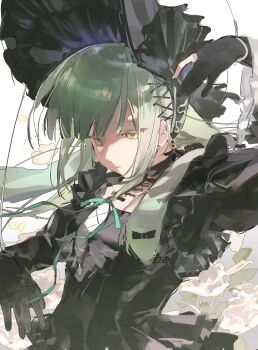 1girl absurdres an_qi_luo animal_ears arknights bang_dream! bang_dream!_it&#039;s_mygo!!!!! black_bonnet black_dress black_gloves bonnet chinese_commentary closed_mouth commentary_request dress expressionless floppy_ears gloves gothic_lolita green_hair hair_ornament hanging highres lolita_fashion long_hair long_sleeves puppet_strings rabbit_ears rabbit_girl sidelocks solo upper_body wakaba_mutsumi wakaba_mutsumi_(marionette&#039;s_id) white_background x_hair_ornament yellow_eyes