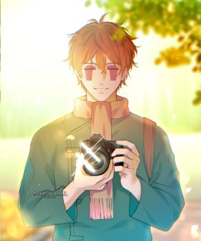 1boy artist_name blurry blurry_background camera closed_eyes commentary facial_mark facing_viewer hair_between_eyes hashtag-only_commentary hatake_kakashi highres holding holding_camera kakashiitake long_sleeves male_focus mole mole_under_mouth naruto_(series) naruto_shippuuden scarf short_hair solo sukea_(naruto) symbol-only_commentary upper_body