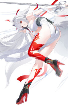 1girl absurdres animal_ear_fluff animal_ears arm_cutout bare_shoulders blunt_bangs breasts china_dress chinese_clothes chinese_commentary clothing_cutout commentary_request detached_sleeves dress droopy_ears floating_hair freeeeeeeeeee from_behind from_below hair_intakes hand_up high_heels highres holding holding_sword holding_weapon kuji-in large_breasts leg_tattoo legs long_hair looking_at_viewer looking_back multicolored_hair outstretched_arm parted_lips pelvic_curtain platform_heels red_streaks ribbon shoe_soles sidelocks simple_background solo streaked_hair sword tail tail_through_clothes tattoo teeth thighs very_long_hair weapon white_background white_dress white_hair white_tail ye_shunguang zenless_zone_zero