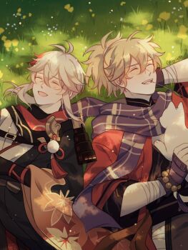 2boys :d ^_^ antenna_hair arm_behind_head arm_up armor artist_name bandaged_arm bandages bead_bracelet beads black_gloves black_kimono black_scarf blonde_hair blue_scarf blush bracelet cat closed_eyes coat commentary crossed_bangs english_commentary fingerless_gloves flower genshin_impact gloves grass hair_between_eyes haori happy high_ponytail highres japanese_armor japanese_clothes jewelry kaedehara_kazuha kazuha's_friend_(genshin_impact) kimono kuro_lee leaf_print long_sleeves low_ponytail lying male_focus maple_leaf_print mouth_hold multicolored_hair multiple_boys on_back on_grass open_mouth pom_pom_(clothes) ponytail red_coat red_hair red_scarf scarf shadow shoulder_armor sidelocks single_sode smile sode stalk_in_mouth streaked_hair tassel teeth twitter_username upper_teeth_only white_cat white_hair white_kimono wide_sleeves yellow_flower