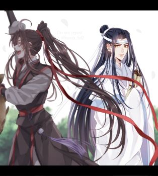 Rule 34 | 2boys, ahoge, animal, arm up, black hair, black hanfu, black sash, brown hair, chinese clothes, closed eyes, closed mouth, commentary request, falling petals, fish, floating hair, grey pants, grey shirt, hair ribbon, hanfu, headband, high ponytail, highres, holding, holding animal, holding fish, holding scroll, implied yaoi, kanda faf2, lan wangji, letterboxed, long hair, long sleeves, looking at another, male focus, modao zushi, multiple boys, official alternate costume, open mouth, outdoors, pants, petals, ponytail, red ribbon, red sash, ribbon, robe, sash, scroll, shirt, sidelocks, smile, standing, tassel, topknot, twitter username, very long hair, wei wuxian, wei wuxian (yunmeng clan), white hanfu, white headband, wide sleeves, xiao guan (headdress), yaopei, yellow eyes