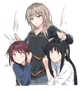 3girls :c ^^^ ahoge awa_subaru black_hair black_overalls black_sweater blue_eyes blue_shirt blunt_bangs brown_hair closed_mouth collarbone collared_shirt dress_shirt frown girls_band_cry glaring green_necktie grey_eyes grey_hair hair_ribbon highres hitting iseri_nina kawaragi_momoka long_hair long_sleeves medium_hair multicolored_hair multiple_girls necktie overalls purple_eyes ribbon roots_(hair) sanpaku shirt sidelocks simple_background straight_hair sweater white_background white_ribbon white_shirt yukitake_(bullfalk)