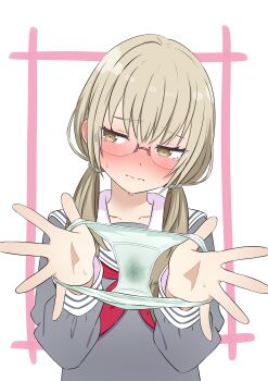 1girl azusawa_kohane blush brown_eyes brown_hair choppy_bangs closed_mouth commentary_request dot_nose embarrassed glasses grey_panties grey_shirt hair_over_shoulder hands_up highres holding holding_panties holding_underwear holding_unworn_clothes long_hair long_sleeves low_twintails neckerchief nose_blush nose_pads panties presenting_removed_panties project_sekai pussy_juice raised_inner_eyebrows red_neckerchief sailor_collar sailor_shirt school_uniform semi-rimless_eyewear senedesumusu-saik0-20o8 shirt solo sweat tearing_up twintails underwear upper_body wet wet_clothes wet_panties white_background white_sailor_collar