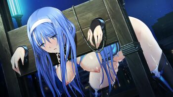 1girl after_rape aftersex alice_soft bdsm bent_over black_thighhighs blue_eyes blue_hair blush bondage bound bound_wrists breasts breasts_out chain choukou_(alicesoft) choukou_shinki_ixseal cum cum_on_body cum_on_breasts cum_on_hair cum_on_upper_body cumdrip ellis_xillia facial female_focus game_cg hairband hanging_breasts humiliation ixseal large_breasts large_variant_set long_hair night nipples no_bra no_panties non-web_source official_art onigirikun open_mouth pillory public_use restrained sky solo standing stationary_restraints thighhighs torn_clothes variant_set white_hairband