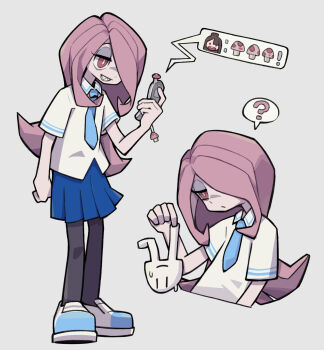 1girl ? black_pantyhose blue_necktie blue_skirt cellphone closed_mouth collared_shirt flip_phone full_body grey_background hair_over_one_eye highres holding holding_phone kagari_atsuko little_witch_academia long_hair necktie nichijou open_mouth pantyhose phone pink_hair pleated_skirt red_eyes school_uniform sharp_teeth shirt shoes short_sleeves simple_background skirt solo speech_bubble spoken_question_mark sucy_manbavaran teeth tokisadame_school_uniform white_shirt white_shoes yihe_mi