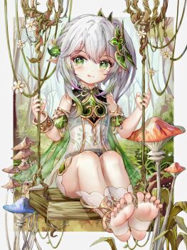 1girl artist_name bare_tree blush border bracelet buxue_luo_li_tang cape child chinese_commentary closed_mouth commentary_request cross-shaped_pupils dated detached_sleeves dress fingernails genshin_impact gold_trim gradient_hair green_cape green_eyes green_hair green_nails green_sleeves hair_between_eyes hair_ornament highres jewelry leaf_hair_ornament licking_lips long_hair looking_at_viewer multicolored_hair mushroom nahida_(genshin_impact) nail_polish no_shoes on_swing outside_border pink_hair pointy_ears side_ponytail sitting sleeveless sleeveless_dress socks soles stirrup_legwear swing symbol-shaped_pupils toeless_legwear toes tongue tongue_out tree white_border white_dress white_hair white_socks