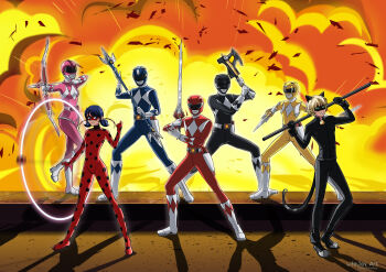 3girls 4boys absurdres adrien_agreste animal_ears arms_up artist_name axe bad_tag battle_axe bell belt black_bodysuit black_boots black_gloves black_helmet black_mask blonde_hair blue_bodysuit blue_eyes blue_hair blue_helmet bodysuit boots bow_(weapon) breasts cat_ears cat_tail chat_noir closed_mouth commentary crossover dagger dino_buckler domino_mask english_commentary explosion explosion_background eye_mask fake_animal_ears fake_tail full_body gloves green_eyes grin gun helmet highres holding holding_axe holding_bow_(weapon) holding_dagger holding_knife holding_polearm holding_sword holding_weapon holster jingle_bell knife kyouryuu_sentai_zyuranger ladybug_(miraculous_ladybug) leg_up legs_apart lifejoyart looking_ahead looking_at_viewer mammoth_ranger marinette_dupain-cheng mask mighty_morphin_black_ranger mighty_morphin_blue_ranger mighty_morphin_pink_ranger mighty_morphin_power_rangers mighty_morphin_red_ranger mighty_morphin_yellow_ranger miraculous_ladybug motion_blur multicolored_bodysuit multiple_boys multiple_girls neck_bell outstretched_arm over_shoulder paw_shoes pink_bodysuit pink_helmet pink_skirt polearm polka_dot_bodysuit power_rangers print_bodysuit ptera_ranger ranger_stick red_bodysuit red_helmet red_mask shadow short_twintails skirt small_breasts smile standing standing_on_one_leg super_sentai superhero_costume swept_bangs sword tail tiger_ranger tokusatsu tricera_ranger twintails two-tone_bodysuit tyranno_ranger weapon white_belt white_boots white_gloves white_trim yellow_bodysuit yellow_helmet yo-yo