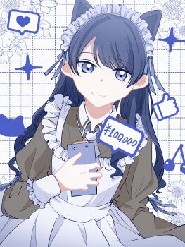 1girl :3 apron black_dress blue_background breasts clipboard closed_mouth commentary cowboy_shot dotted_line dress floral_background frilled_apron frills grid_background heart highres holding holding_clipboard juliet_sleeves link!_like!_love_live! long_hair long_sleeves love_live! maid maid_apron maid_headdress murano_sayaka nyan_nyan_nyan_fair_in_gamers official_alternate_costume puffy_sleeves seri_(hakobera) skirt_hold smile solo sparkle spoken_heart thumbs_up_emoji virtual_youtuber white_apron