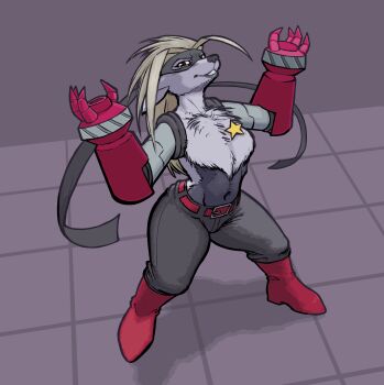 1girl agentqwilfish belt digimon digimon_(creature) furry furry_female mask muscular muscular_female star_(symbol) wolvermon