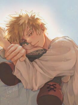 1boy absurdres bakugou_katsuki blonde_hair boku_no_hero_academia character_doll closed_mouth commentary_request doll dutch_angle hand_on_own_arm highres koromo06418109 long_sleeves looking_at_viewer lying male_focus midoriya_izuku on_stomach one_eye_closed shirt short_hair simple_background smile solo spiked_hair upper_body white_background white_shirt