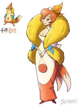 1girl bag breasts cleavage cleavage_cutout closed_mouth clothing_cutout dress eyelashes eyeshadow fangs floatzel full_body gen_4_pokemon highres holding holding_bag looking_at_viewer makeup nintendo orange_hair personification pokemon reference_inset scarf short_hair signature simple_background tamtamdi translated white_background white_dress yellow_eyeshadow yellow_scarf