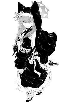1girl absurdres animal_ears black_skirt blue_archive braid closed_mouth commentary_request desert_eagle dress fox_ears from_above gun hair_ornament halo handgun highres holding holding_weapon korean_commentary lightningace long_dress long_hair looking_at_viewer looking_back looking_up mari_(blue_archive) messy_hair monochrome nun nun_headdress side_braid simple_background skirt solo walking weapon white_background