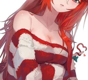 1girl absurdres arm_under_breasts bare_shoulders black_hair black_streaks blue_eyes blush bow breasts chocosong christmas_sweater cleavage collarbone commentary hair_between_eyes hair_down hakos_baelz hand_on_own_arm heart heart_tail highres hololive hololive_english lips long_hair medium_breasts mouse_tail multicolored_hair out_of_frame red_hair red_sweater standing striped_clothes striped_sweater sweater tail tail_bow tail_ornament tail_wrap virtual_youtuber white_background white_hair