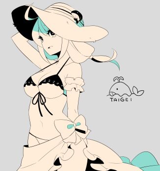 1girl arm_behind_back arm_up bikini breasts character_name cleavage commentary_request hat highres kantai_collection large_breasts long_hair low-tied_long_hair monochrome ohagi_(iihatobu05) open_mouth sarong sidelocks simple_background solo sun_hat swimsuit taigei_(kancolle) taigei_(swimsuit)_(kancolle) whale