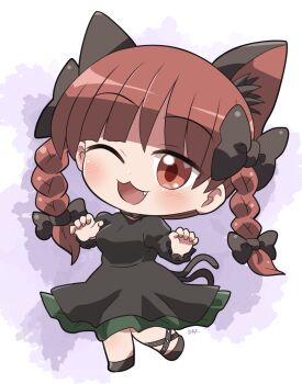 1girl :3 ;d animal_ears black_bow black_dress black_shoes blush bow braid cat_ears cat_girl cat_tail chibi chibi_only commentary_request dress fang foot_up frilled_dress frills full_body hair_bow highres juliet_sleeves kaenbyou_rin long_hair long_sleeves looking_at_viewer multiple_tails one_eye_closed open_mouth puffy_sleeves red_eyes red_hair rokugou_daisuke shoes signature smile solo standing tail touhou twin_braids two_tails