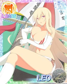 1girl :o aquarius_(symbol) aries_(symbol) blonde_hair blush boots bra breasts cancer_(symbol) capricorn_(symbol) card_(medium) chain-link_fence chair character_name cleavage collarbone dodecagram elbow_gloves fence gemini_(symbol) gloves hair_between_eyes large_breasts leo_(senran_kagura) leo_(symbol) libra_(symbol) linea_alba long_hair looking_at_viewer navel official_art on_chair pisces_(symbol) purple_eyes race_queen red_bra red_umbrella sagittarius_(symbol) school_emblem scorpio_(symbol) senran_kagura senran_kagura_new_wave short_shorts shorts side_slit side_slit_shorts sitting solo stomach taurus_(symbol) towel two-tone_bra two-tone_umbrella umbrella underwear very_long_hair virgo_(symbol) white_boots white_bra white_gloves white_shorts white_umbrella zodiac_wheel