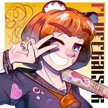 1girl absurdres animal_ears bandaid bandaid_on_face baseball_bat black_serafuku blue_eyes blush commentary english_commentary fluffkaiser freckles grin heart highres holding holding_baseball_bat holding_over_opposite_shoulder long_sleeves looking_at_viewer one_eye_closed orange_hair original russian_text school_uniform serafuku short_hair smile solo sticker teeth tiger tiger_ears upper_body v yakuza