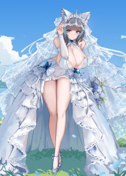 1girl absurdres alternate_breast_size_(larger) animal_ears aqua_streaks azur_lane bare_shoulders blue_eyes blue_flower blue_rose blue_sky bouquet breasts bridal_gauntlets bridal_veil cheshire_(azur_lane) cheshire_(white_seaside_melody)_(azur_lane) chinese_commentary cleavage commentary_request day dress fake_animal_ears flower full_body grey_hair hair_flower hair_ornament highres holding holding_bouquet huge_breasts huijin_zhi_ling leaning_forward looking_at_viewer multicolored_hair official_alternate_costume outdoors rose showgirl_skirt sky solo streaked_hair veil wedding_dress white_bridal_gauntlets white_flower white_rose white_veil