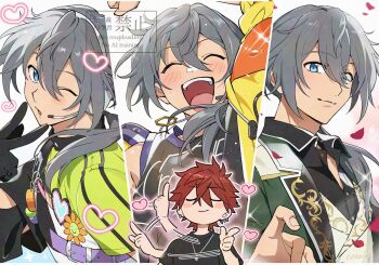 Rule 34 | 2boys, :d, ;o, ^ ^, afterimage, amagi rinne, arm up, artist name, asymmetrical clothes, belt, belt buckle, black gloves, black shirt, black tank top, blue eyes, blush, blush stickers, buckle, chain, chain necklace, chest belt, closed eyes, closed mouth, clothes writing, collared shirt, column lineup, date plan (ensemble stars!), earrings, ensemble stars!, falling petals, gloves, green jacket, green shirt, grey hair, hair between eyes, hair over shoulder, headphones, headset, heart, hot limit (ensemble stars!), jacket, jewelry, lapels, long hair, looking at viewer, low ponytail, lunapont, luv&amp;peace (ensemble stars!), male focus, microphone, motion lines, multicolored shirt, multiple boys, multiple views, necklace, official alternate costume, one eye closed, open clothes, open jacket, open mouth, petals, ponytail, print shirt, purple belt, red hair, shiina niki, shirt, short hair, smile, sparkle, sweat, t-shirt, tank top, teeth, u u, upper teeth only, vest, watermark, white vest, wing collar, yellow jacket