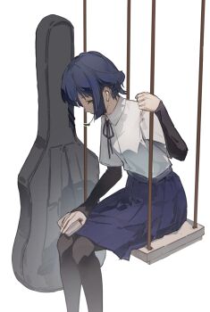 1girl absurdres black_pantyhose black_ribbon blue_hair blue_skirt bocchi_the_rock! cellphone chinese_commentary collared_shirt commentary_request dress_shirt earbuds earphones facing_down feet_out_of_frame from_side guitar_case highres holding holding_phone instrument_case knees_together_feet_apart layered_sleeves long_sleeves neck_ribbon on_swing pantyhose partial_commentary phone pleated_skirt ribbon shirt short_hair short_over_long_sleeves short_sleeves simple_background sitting skirt smartphone solo swing white_background white_shirt xiao&#039;er_yushiwuzheng yamada_ryo yellow_eyes