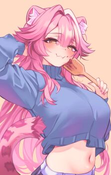1girl :3 absurdres animal_ears artist_name blue_sweater blush breasts closed_mouth commentary eating english_commentary eyeshadow fingernails hair_intakes highres holding holding_spatula hololive hololive_english large_breasts long_hair long_sleeves looking_at_viewer makeup midriff multicolored_hair nail_polish navel panther_ears panther_girl panther_tail pink_background pink_hair pink_nails pink_tail raora_panthera red_eyeshadow simple_background smile solo spatula stomach streaked_hair sweater tail two-tone_hair tyam virtual_youtuber wooden_spatula yellow_eyes