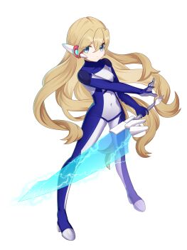 1girl absurdres alternate_costume alternate_hairstyle armor belt blonde_hair blue_eyes bodystocking breasts canaliya ciel_(mega_man) commission commissioner_upload covered_navel electricity energy_sword full_body gloves hair_down highres holding holding_weapon long_hair looking_at_viewer mechanical_ears mega_man_(series) mega_man_zero_(series) mega_man_zx model_z_(mega_man) no_armor non-web_source petite small_breasts solo sword transparent_background weapon