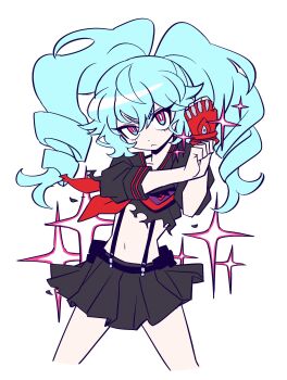 1girl absurdres black_skirt blue_hair commentary_request cosplay cowboy_shot fingerless_gloves frown gloves hand_up highres idol_land_pripara katasumi_amari kill_la_kill korean_commentary lau_(laustar30) long_hair looking_at_viewer mario_(pripara) matoi_ryuuko matoi_ryuuko_(cosplay) miniskirt navel pleated_skirt pretty_series pripara purple_eyes red_gloves shirt skirt solo sparkle standing suspender_skirt suspenders torn_clothes torn_shirt twintails white_background