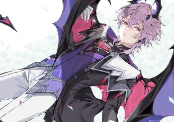 1boy arm_up azero_a0 black_coat black_horns black_shirt blue_vest capelet coat collared_capelet collared_shirt crossed_bangs double-parted_bangs dragon_horns dragon_wings dutch_angle feet_out_of_frame genshin_impact gloves hair_between_eyes hashtag-only_commentary highres horns long_sleeves looking_to_the_side lying male_focus medium_hair mini_durin_(genshin_impact) mini_durin_(human)_(genshin_impact) on_back open_clothes open_coat pants parted_lips petals pink_eyes purple_hair shirt sideways_glance solo twitter_username vest white_gloves white_pants wings