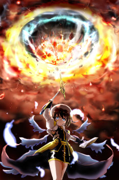 1girl ban_(777purin) blue_eyes brown_hair cloud cropped_jacket dress feathers hair_ornament hat highres holding holding_staff lyrical_nanoha magical_girl mahou_senki_lyrical_nanoha_force meteor multiple_wings overcast schwertkreuz serious short_dress sky solo staff summoning tome_of_the_night_sky waist_cape wings witch_hat x_hair_ornament yagami_hayate